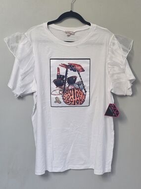 White Graphic Ruffle-Sleeve Tee with Fashion Accessory Print